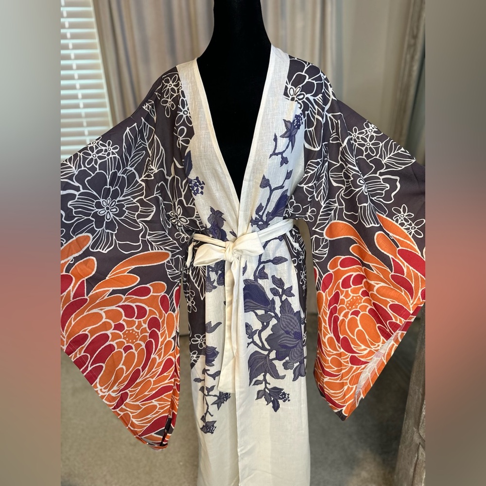 Floral Kimono with Red and Orange Accents